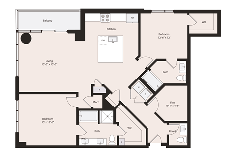 Deco B3-2 floor plan 2 bedroom 2.5 bathrooms 1582 square feet
